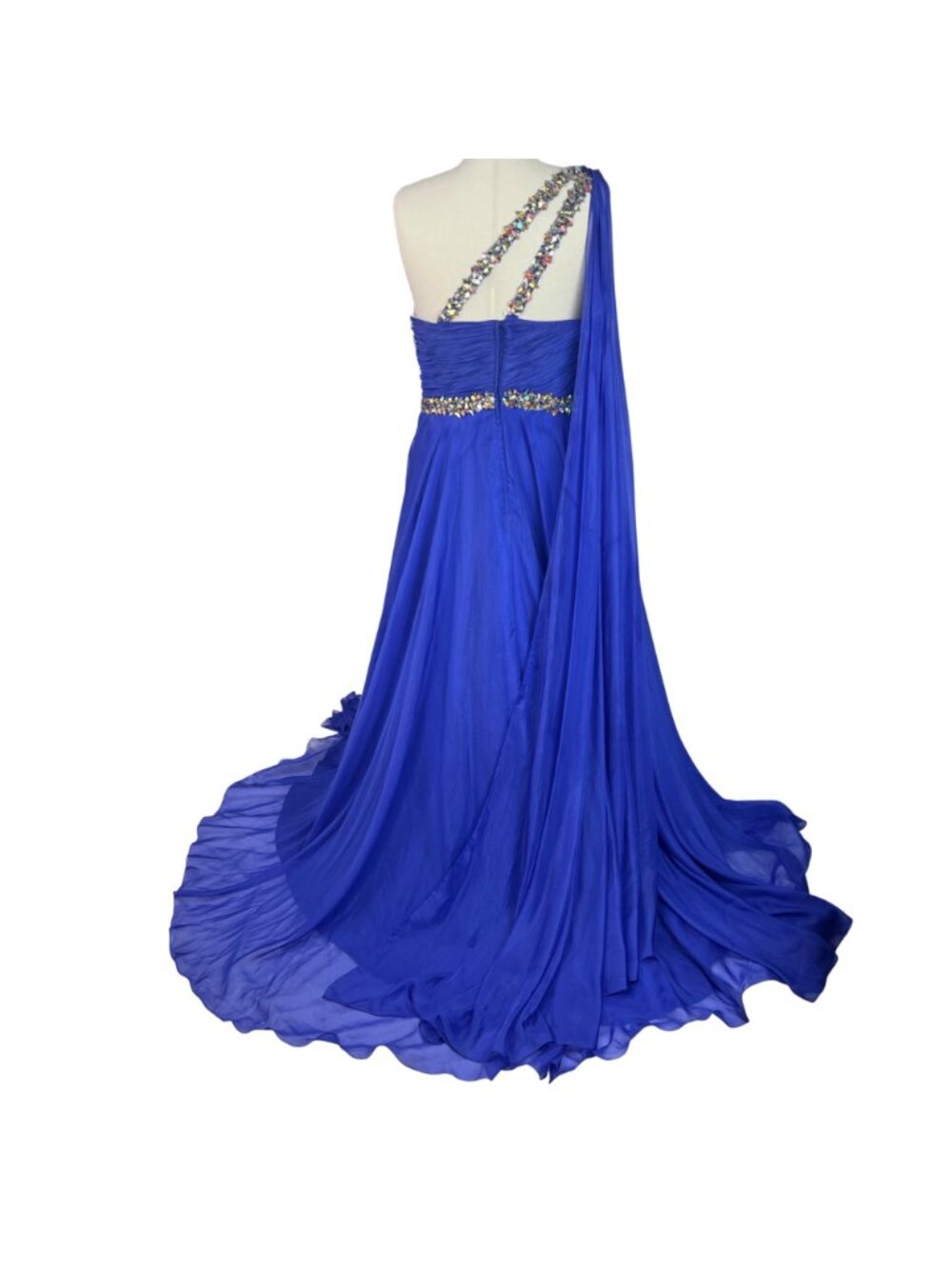 Royal Blue One Shoulder Chiffon Jeweled Plus Gown 18W Flowy Train Formal Prom - Picture 5 of 9